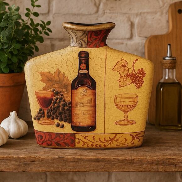 Tuscan Style Wine Bottle & Grapes Vase 10” x 9” Crackle Glaze Ceramic Decor - Picture 1 of 5